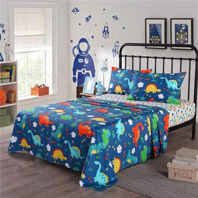 China High Quality Disposable Twin Size 100% Cotton Dinosaur Kids Bedding Set Blue Reactive Printing Kids Teen Bedding Set for sale