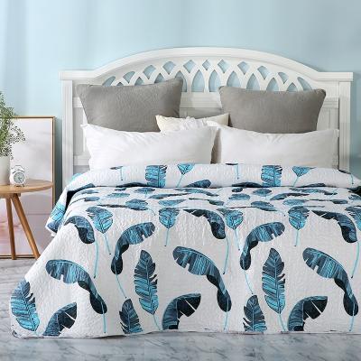 China Customized Ready Wash Disposable Bedspread Soft 100 Polyester White And Blue Feather Printed Adults Microfiber Comforter Set for sale