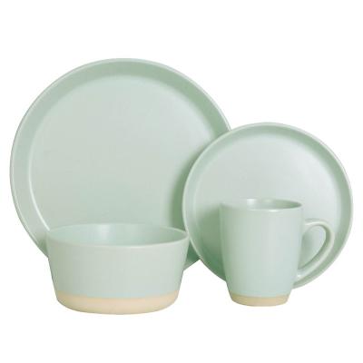 China Viable Wholesale Stoneware Kitchenware Set Solid Color With White Rim 16pcs Ceramic Dinnerware Dish, Bowl, Cup Set for sale