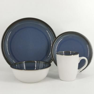 China Sustainable Wholesale stoneware plate ,bowl, mug kitchenware set reactive glaze two tone color 16pcs ceramic dinnerware set for sale