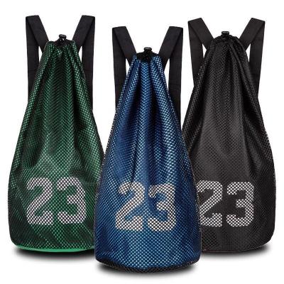 China Customized Large Mesh Shoulder Pocket Drawstring Basketball Football Volleyball Carrying Travel Sports Gym Backpack For Men for sale