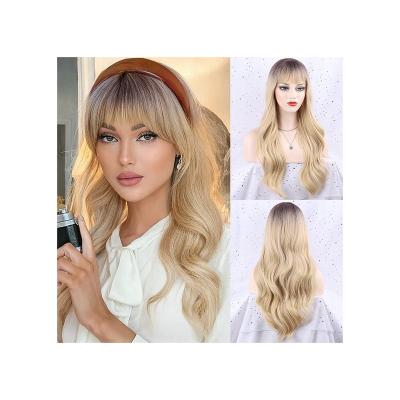 China Long Water Wave Wigs Synthetic Blonde Wavy Blonde Wigs Long Heat Resistant Blonde Wig With Bangs for sale