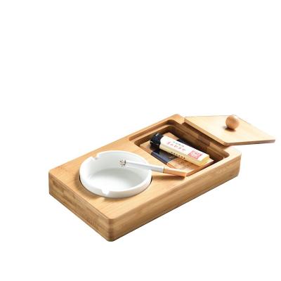 China Portable custom home decoration creative cigar ceramic ashtray with bamboo base for sale