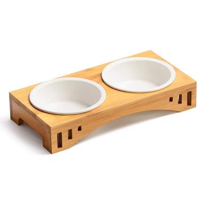 China Viable Raised Dog Cat Stand Feeder by Cat Bowls Raised Pet Dog Feeder with 2 Ceramic Bowls for sale