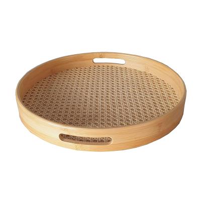 China Wholesale Bamboo Rattan Woven Breakfast Snack Coffee Food Fruit Eco-Friendly Round Tray Wooden Serving Trays Decorative With Handles for sale