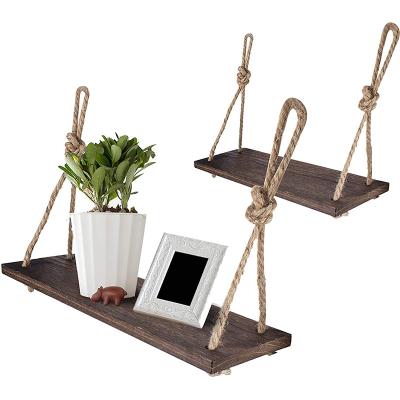 China CLASSIC Rustic Wooden Wall Mount Swing Shelf Wooden Rope Rack Decor Wall Hanging Floating Shelves for sale