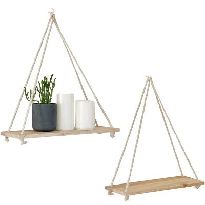 China CLASSIC Rustic Wall Mounted Home Rack Rope Wall Shelf Swing Wood Decor Hanging Floating Shelves for sale