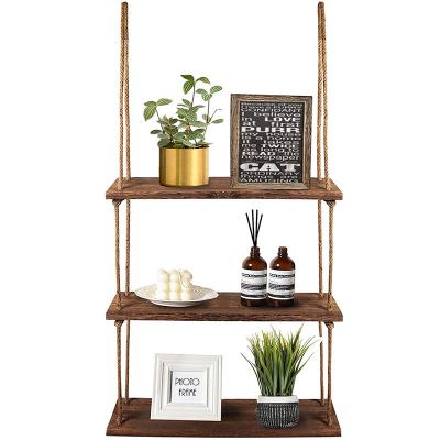 China CLASSIC Rustic Home Decor Wooden 3 Tier Distressed Swing Storage Shelves Wall Mount Rack Jute Rope Organizer Rack Wall Hanging Shelf for sale