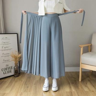 China 2021 New Anti-Wrinkle Style Korean Women Pleated Chiffon Pants High Waist Pants Casual Wide Leg Hakama Pantalones Plus Size for sale