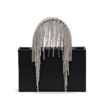 China High Quality Wrist Grip Cocktail Wedding Party Clutch,Crystal Rhinestone Tassel Metal Chain Evening Clutch Bag Tote Handbag for sale