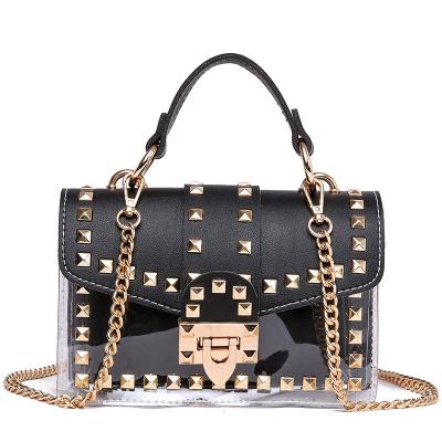 China High Quality Transparent Top Handle Chain Rivet Satchel Shoulder Bag, 2 in 1 Clear Purse and Handbag for Women Summer Fashion PVC Jelly Bag for sale