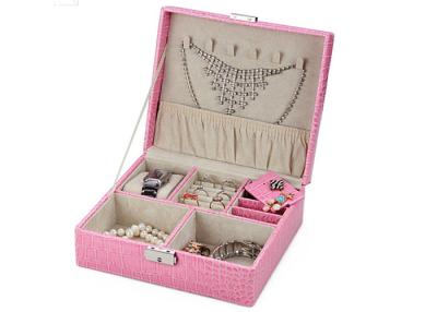 China Full crocodile embossed leather 2 layer pink jewellery box for earrings , necklace for sale