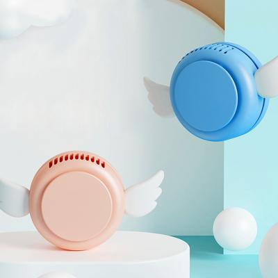 China Mini Safety Neck Fan Cheap Price Safety Hanging Plastic Neck Fan Small Cute Fresh Air Leafless Portable Outdoor Battery Operated Angel For Kids for sale