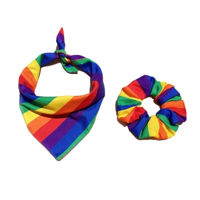 China Viable Custom Personalized Dog Bandana with Hair Scrunchie Set Rainbow Neck Scarf for sale