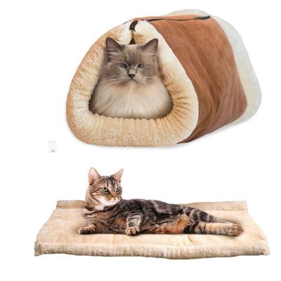 China Viable 2 in 1 Super Soft Pet Cat House Sleeping Bed Kenel Puppy Cave Mat Pad Warm Nest Cat Tunnel Bed for sale