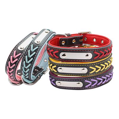 China Stocked Hot Selling Stainless Steel Plate Pet Collars And Leash Set Woven Supplies Collar For Pets Leather Pet Collars for sale