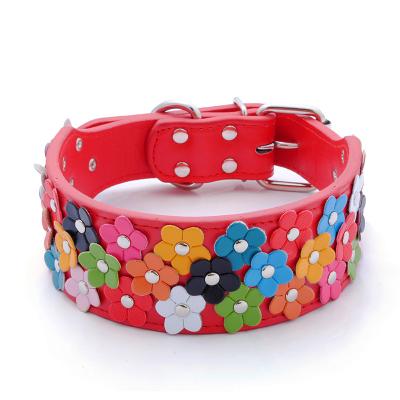 China Small Pet Supplies Three-row Flower Dog Collar Flower Pu Stocked Colorful Dog Collar Large Pet Collar for sale