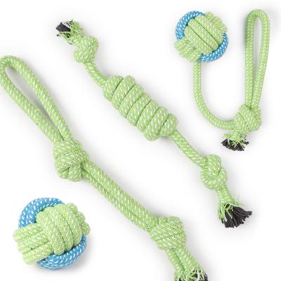 China Hot Sale Pet Stocked Toy Interactive Blue and Green Cotton Rope Dog Toys Four-piece Pet Set Dog Knot Toy for sale