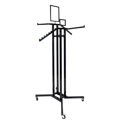 China Black Metal 4 Way Clothing Rack With 2 Blade Height Arms Waterfall 2 Straight And Adjustable Arms for sale