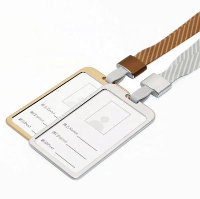 China Desktop Name Badge Holder Aluminum Alloy ID Card Holer with Ribbon for Desktop Working Card for sale