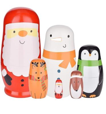 China Cartoon Toy Hot Sales Christmas Six Floors Handmade Painted Wooden Russian Nesting Dolls Toys For Children Toddlers for sale