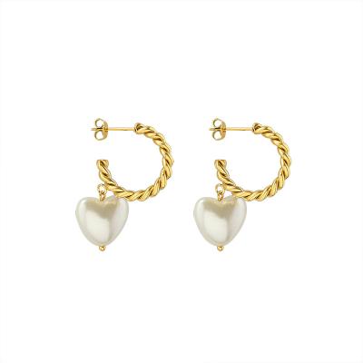 China Trendy Women's Fashion Jewelry Twist Design Stud Earrings CIA Pearl Heart Shape Pendant Stainless Steel Imitation Earrings for sale