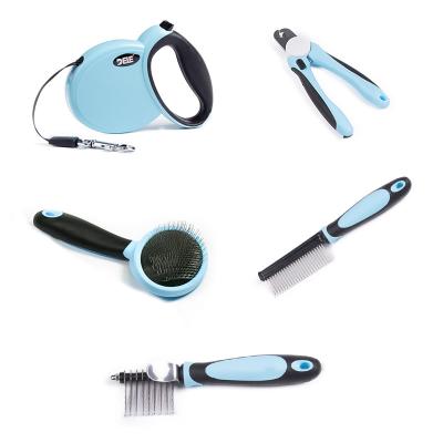 China Stocked Products Pet Grooming Dog Set Pet Cleaning Kit Hair Remover Nail Clipper and Retractable Dog Leash Pet Cleaning 5-Piece Set for sale