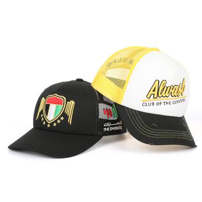 China Gold Embroidered Foam Dubai Mesh Trucker Hats 5 Panel UAE Joint Custom Made High Quality Black Low Profile UAE for sale