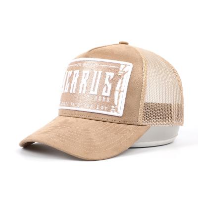 China Factory JOINT Well-designed Customized Supplier, Beige High Crown Mesh Backr Hat, 5 Panel Suede 3d Embroidery Trucker Hat for sale