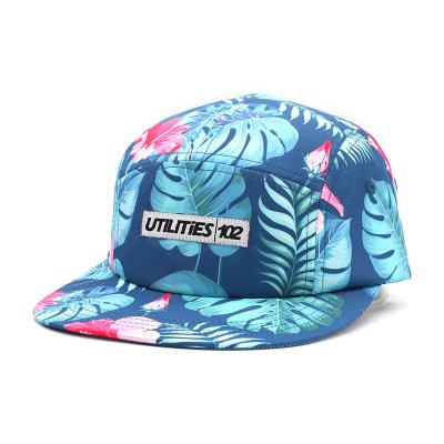 China breathable & BSCI China Custom 5 Panel Waterproof Beach Running Hats Flower Printing Label Dry Fit Woven Nylon Camp Hat for sale