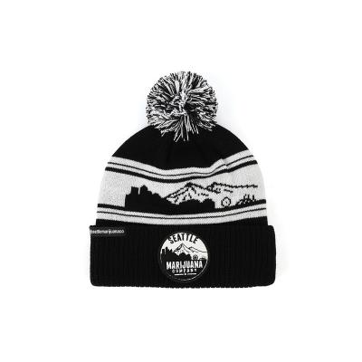 China COMMON Products Winter Pompom Hot Sale Beanie, Kids Acrylic Beanie Hats Unisex, 100% Embroidery Patch Black Jaquared Beanie for sale