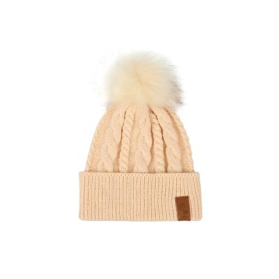 China Winter Warm COMMON Style Women's Beanie Hats, Wool Leather Label Knit Hat, Pom Pom Acrylic Knitted Ski Beanie Hats for sale