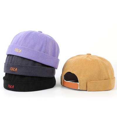 China JOINT Wholesale Custom Men's Baseball Cap 100% Cotton, Visorless Retro Leather Strap Adjustable Docker Embroidery Brimless Hat for sale