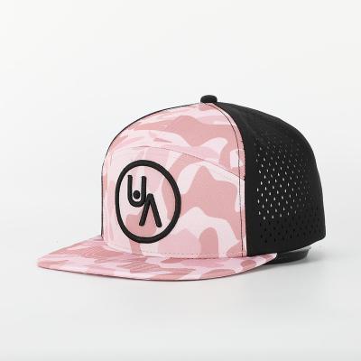 China OEM 7 Panel Men's 3D Embroidery COMMON Logo Flat Brim Pink Camo Snapback Custom High Quality Hat Waterproof Laser Cut Perforated Hat for sale