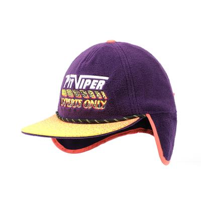 China Custom Purple Winter COMMON Protective Gear Fleece Earflap Hat, Embroidery Fleece Rope Brim Winter Warm Snapback Hat for sale