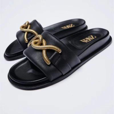 China Damping Black Metal Clasp New Women's Platform Sandals Flip Flops With Soft Flat Sandals for sale