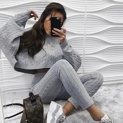 China Autumn Winter Solid Color Long Sleeve Lounge Wear Anti-pilling Two Piece Pants Set Women Clothing for sale