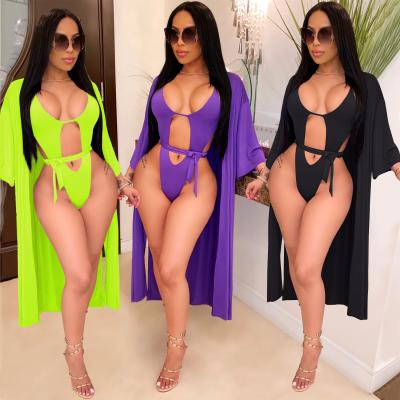 China Breathable Two-Piece Bikini Set Swimwear With Cover Up Long Chiffon Swimwear Women Swimwear Swimsuit for sale