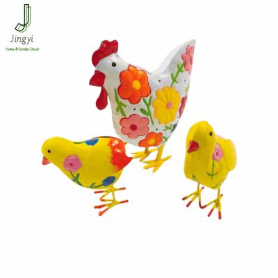 China Custom Size And Color Jingyi Art Painted Metal Hen Statue Colorful Chicken Ornaments For Garden Statues Outdoor Lawn Decorations Set Of 3 People for sale