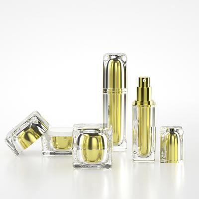 China Cosmetic empty gold skincare packaging jar 15g 30g 50g and 15ml 30ml 50ml 100ml acrylic lotion pump bottle for cream for sale