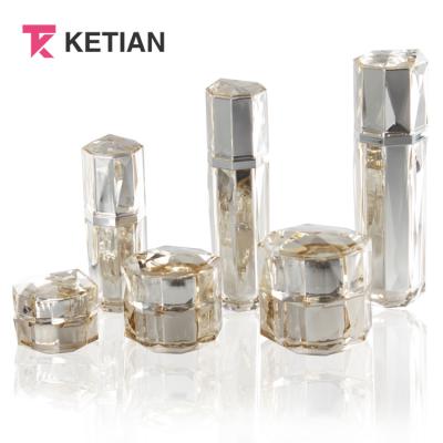 China Cosmetic empty luxury acrylic bottle set for cosmetic square cosmetic jars and plastic gold lotion pump bottle for body cream for sale