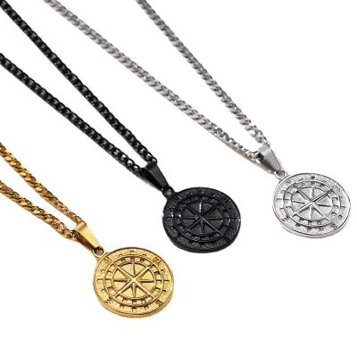 China TRENDY Wholesale Hip Hop Stainless Steel Chain Coin 18K Gold Plated Compass Pendant Necklace for Men Gift for sale