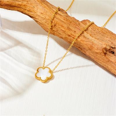 China TRENDY Wholesale Mother Pearl Inlay Flower Pendant Necklace 18K Gold Plated Stainless Steel Jewelry Sets For Women for sale