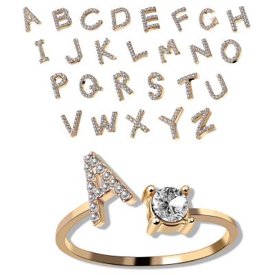 China Romantic Wholesale Custom Creative Finger Jewelry Zircon Zircon Adjustable Letter A-Z 26 Initial Opening Ring For Women for sale