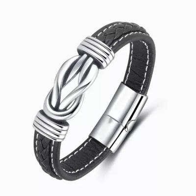 China Vintage Fashion Men Leather Twisted Double Row Love Knot Stainless Steel Engrave Magnetic Buckle Bracelet for Father Boyfriend for sale