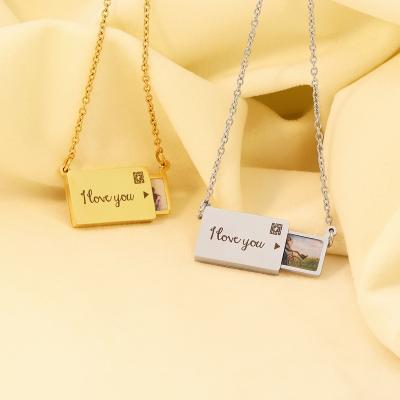 China TRENDY Personalized Custom Photo Locket Jewelry Stainless Steel Engraved Picture Holder Pendant Pullout Envelope Necklace for sale