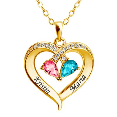 China TRENDY Personalized 18K Gold Plating Custom Name Engraved Double Crystal Birthstone Pendant Couple Necklace for sale