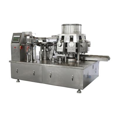 中国 Automatic Beverage Filling Weighing Rotary Seal Topping Machine For Liquid Snacks Granule Powder Fine Sugar 販売のため