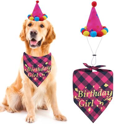 China Viable Custom Dog Birthday Hat And Plaid Pattern Dog Bandana Birthday Set for sale