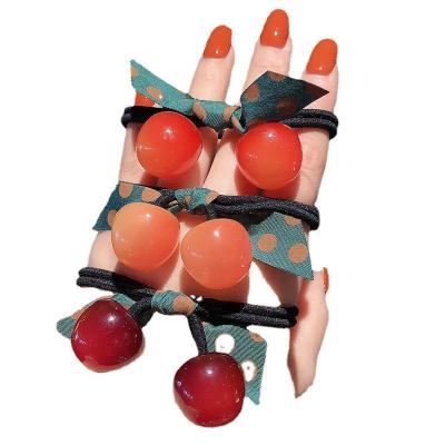 China Fashion Designer Woman Cherry Hair Scrunchies Buckle Girl Scrunchies Simple Beaded Hair Ring Elastic Hair Tie for sale